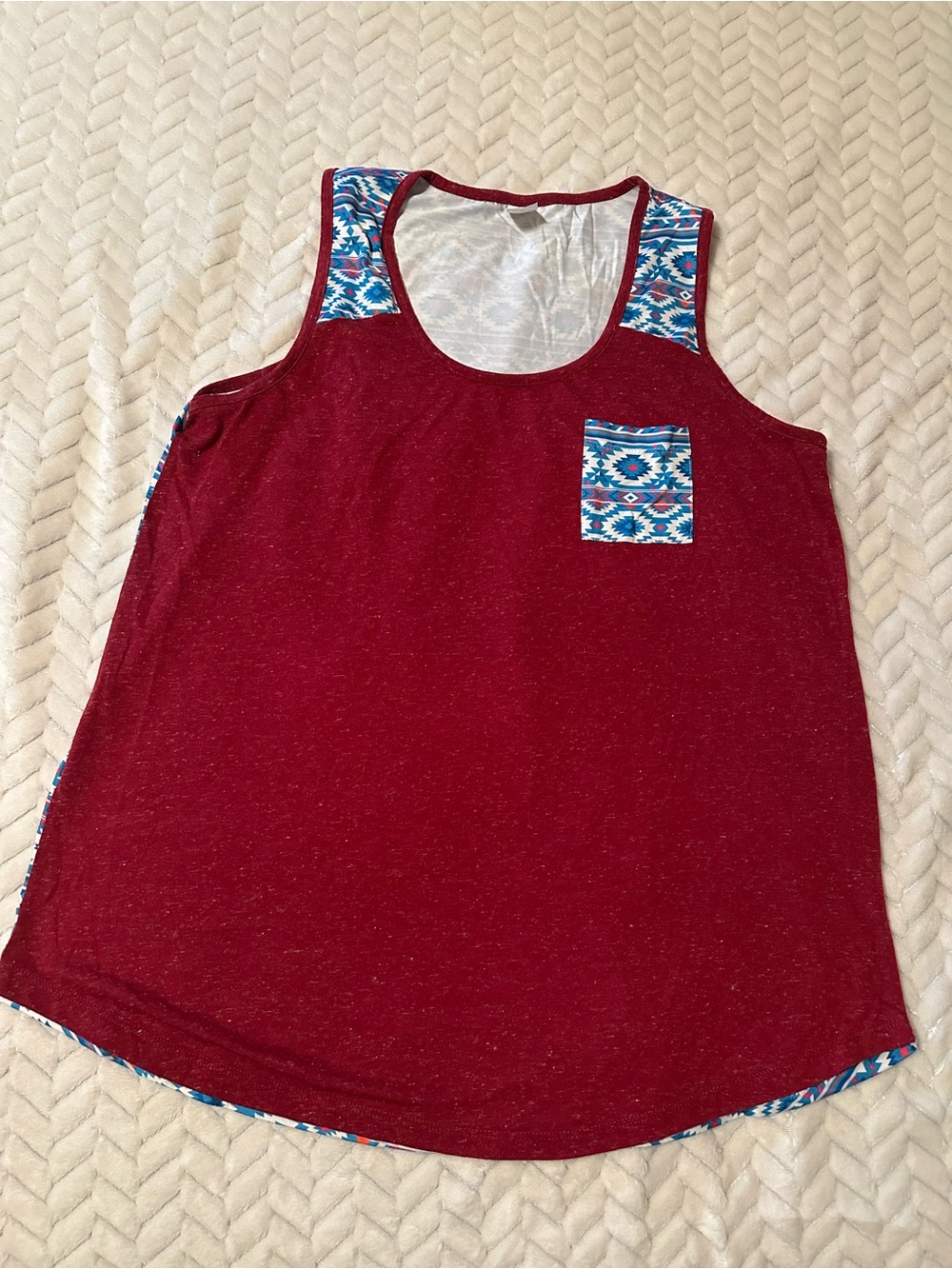 Women’s Sunshine & Rodeos Maroon Tank Top with Blue & White Aztec Patterned Trim